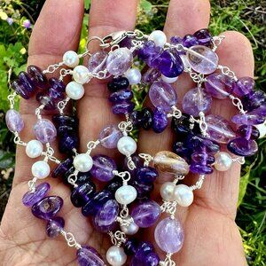 SUNDANCE $178 NEW 36" Amethyst Pearl Sterling Silver Beaded Long Chain Necklace